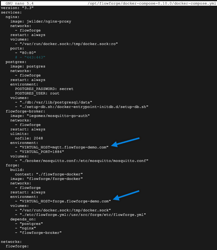 Screenshot showing virtual hosts configuration in docker-compose.yml "Screenshot showing virtual hosts configuration in docker-compose.yml"