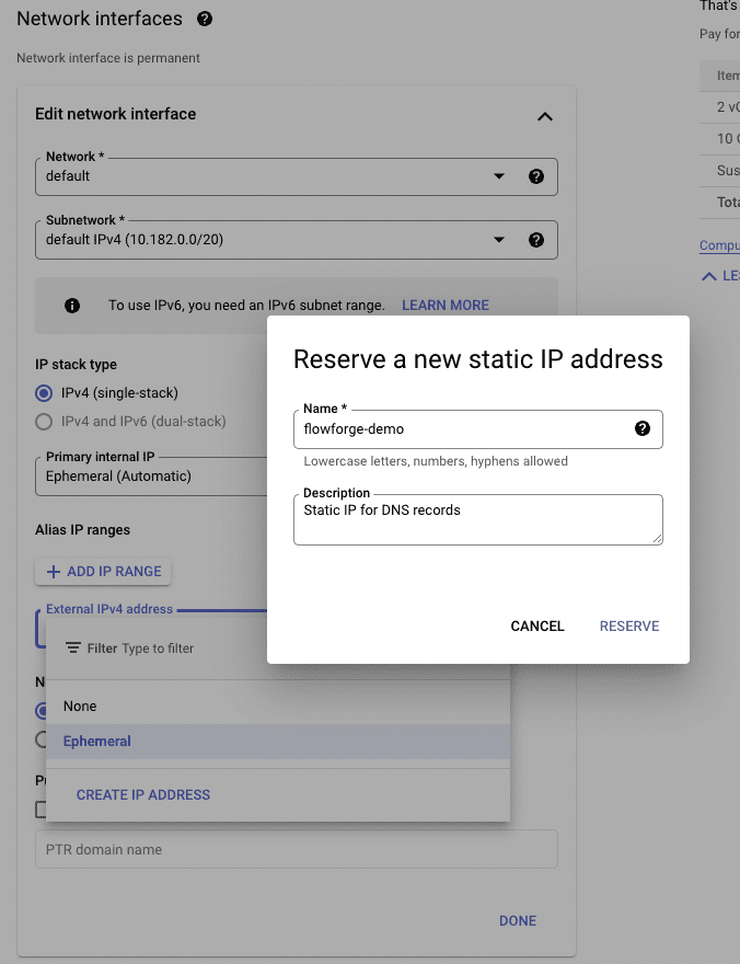 Screenshot showing the network section in the interface for creating a GCP VM "Screenshot showing the network section in the interface for creating a GCP VM"