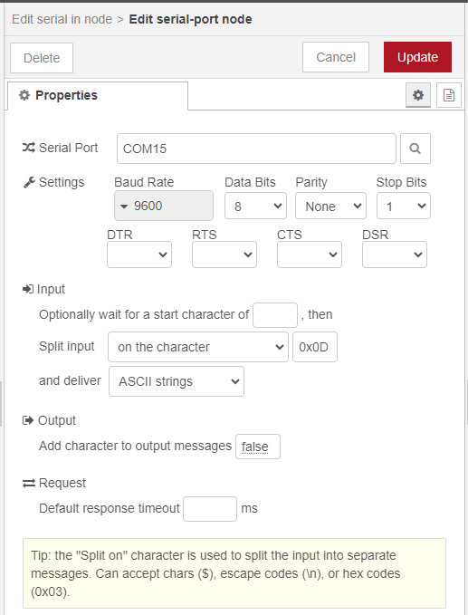 Screenshot showing the serial port node config "Screenshot showing the serial port node config"