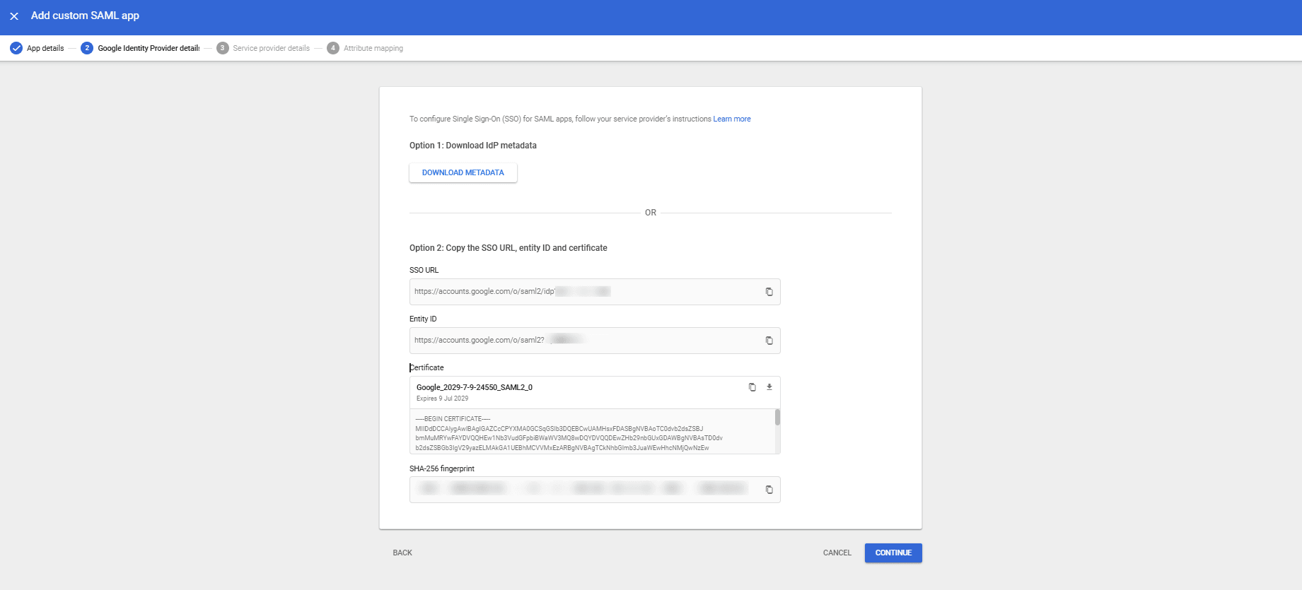 Screenshot configuration provided the Google workspace admin console for SSO SAML "Screenshot configuration provided the Google workspace admin console for SSO SAML"