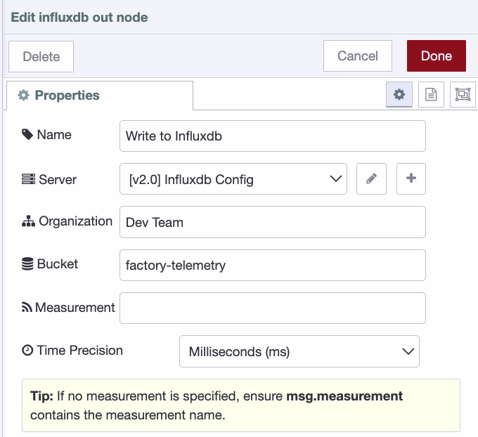 InfluxDB out node configured in Node-RED with organization, bucket, and measurement fields. InfluxDB out node configured in Node-RED with organization, bucket, and measurement fields.