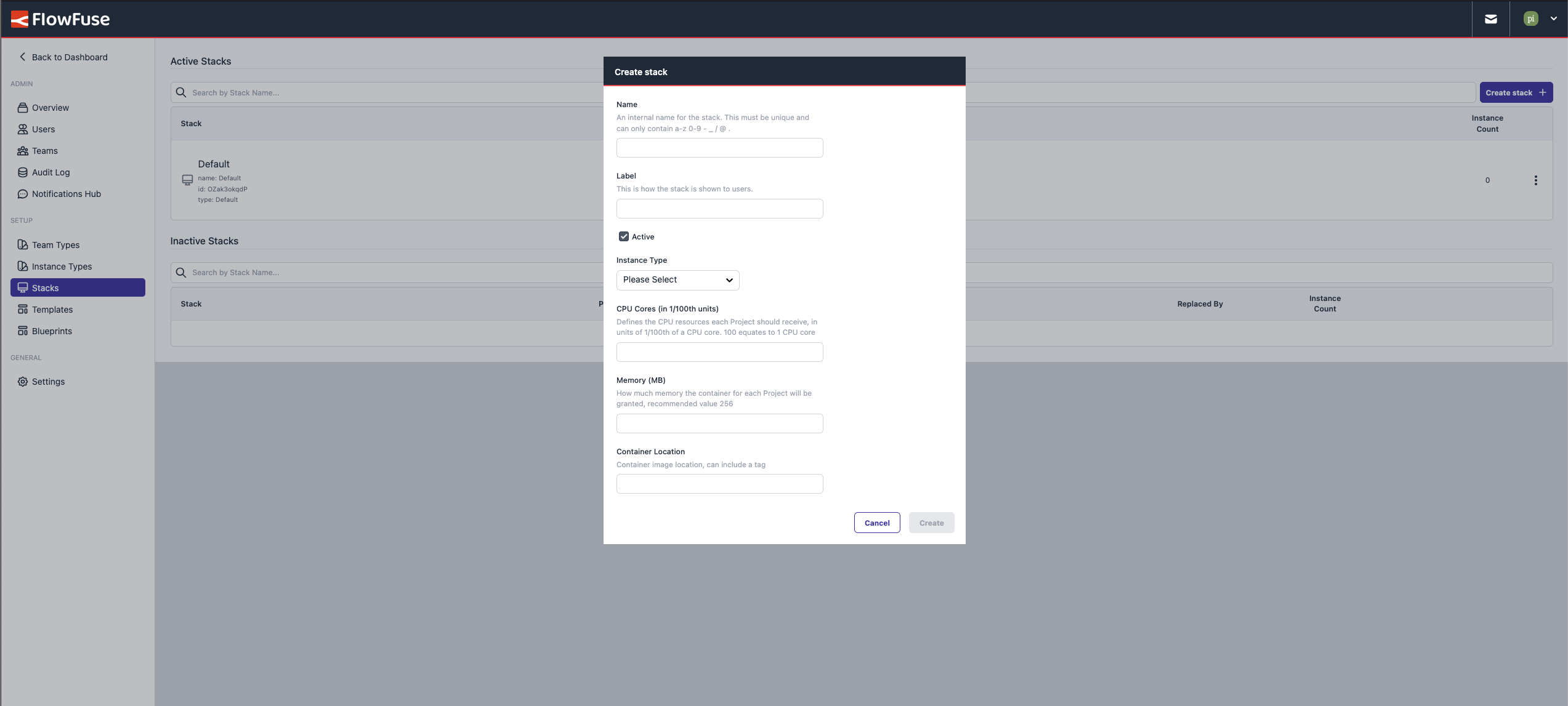Screenshot of FlowFuse showing the "Create Stack" dialog